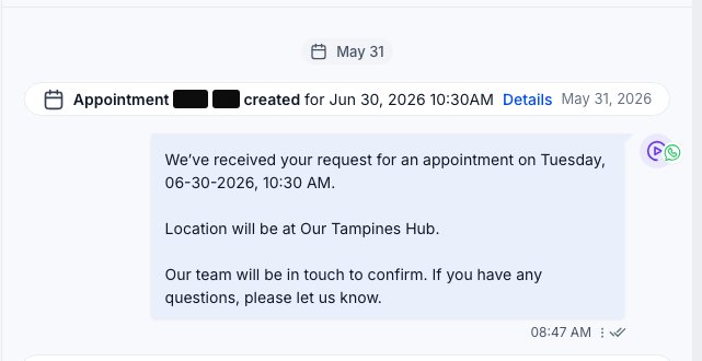 Real CRM thread: appointment created for 30 June with the meeting place agreed