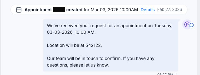 Real CRM thread: appointment created for 3 March with the location given